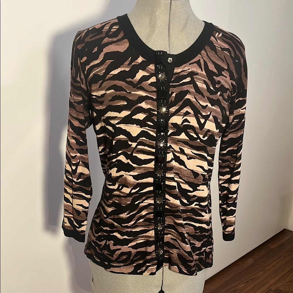 Chico's Brown and Black 3/4 Sleeve Button Down Shirt